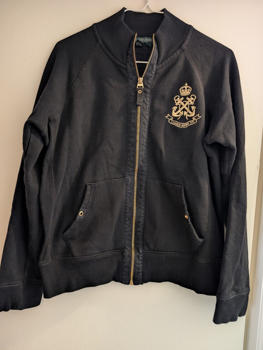 Ralph Lauren Jeans Black Embroidered Crest Zip-Up Jacket . Ladies Large